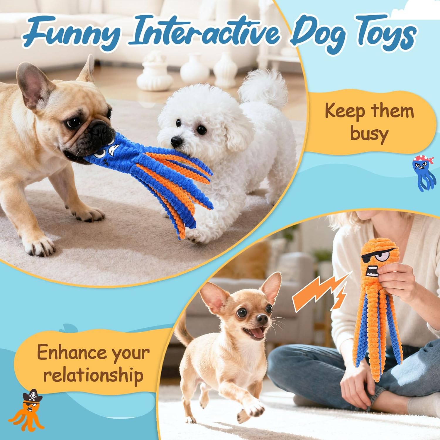 Interactive Octopus Plush Dog Toy – Durable Squeaky Crinkle Pet Toy for Chewing, Tugging & Fetch Play