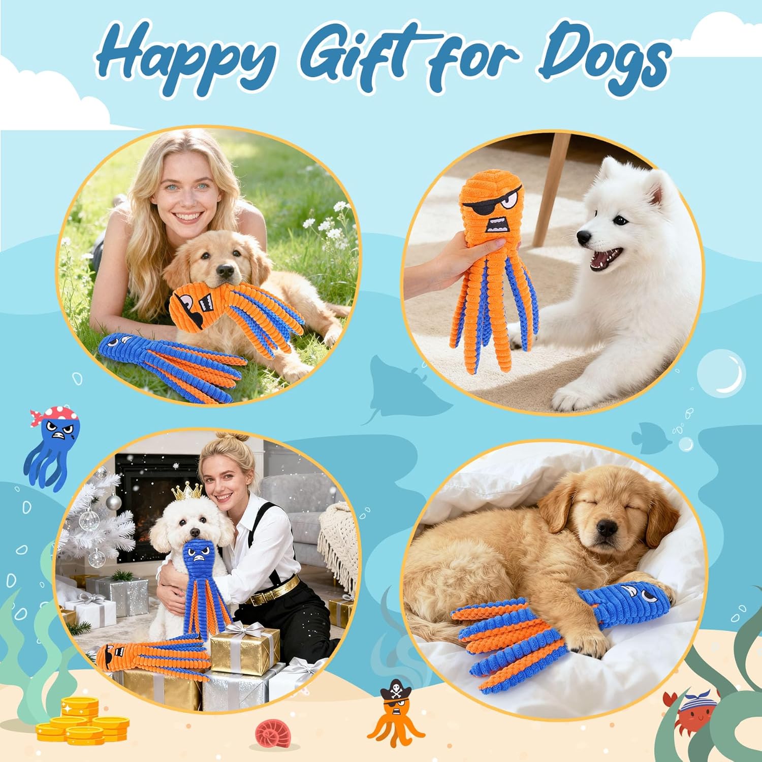 Interactive Octopus Plush Dog Toy – Durable Squeaky Crinkle Pet Toy for Chewing, Tugging & Fetch Play
