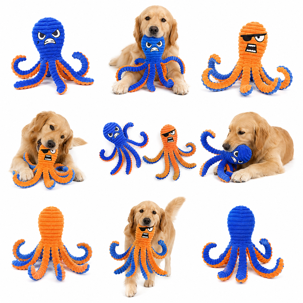 Interactive Octopus Plush Dog Toy – Durable Squeaky Crinkle Pet Toy for Chewing, Tugging & Fetch Play